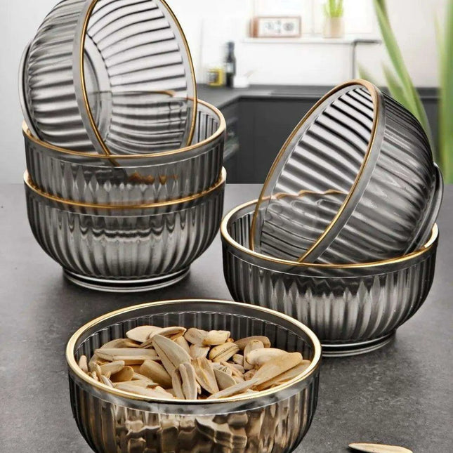 Set of 6 Stylish Durable Acrylic Snack Bowls with Gold Trim - Chic Frosted Glass Design, Fast Shipping