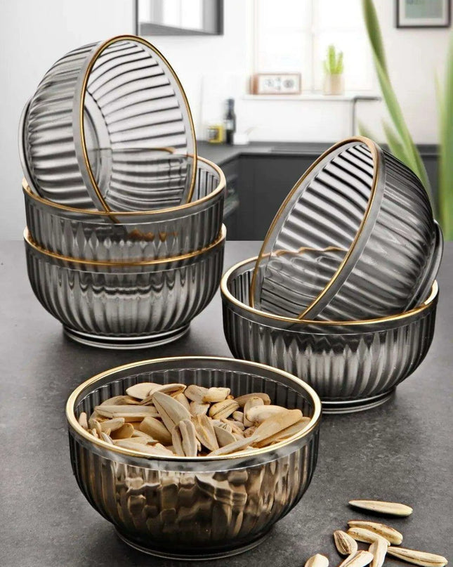 Set of 6 Stylish Durable Acrylic Snack Bowls with Gold Trim - Chic Frosted Glass Design, Fast Shipping