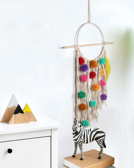 European Plush Ball Tassel Tapestry - Colorful Cotton Wall Hanging