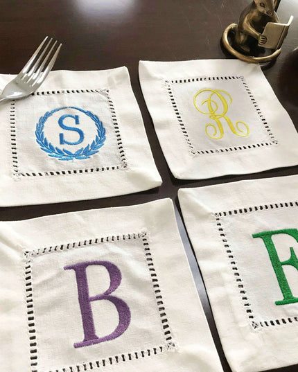 Elegantly Embroidered Camellia Monogrammed Cocktail Napkin Set - A Touch of Victorian Luxury for Your Table