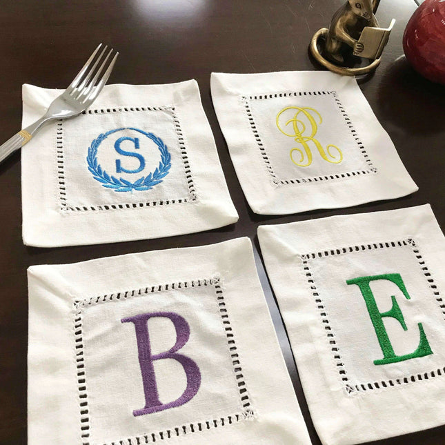 Elegantly Embroidered Camellia Monogrammed Cocktail Napkin Set - A Touch of Victorian Luxury for Your Table