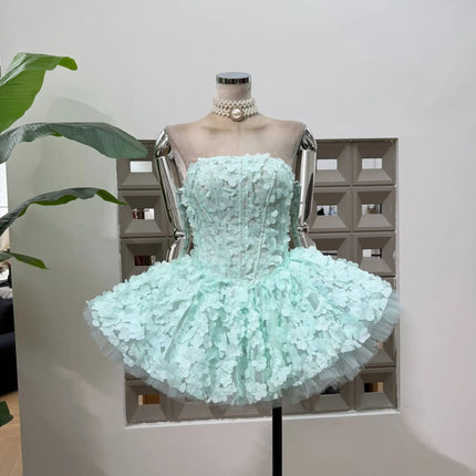 Strapless 3D Flower Mini Party Dress — A-line Tulle Skirt, Birthday & Occasion