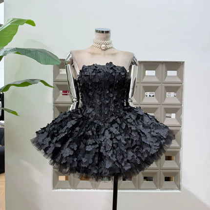 Strapless 3D Flower Mini Party Dress — A-line Tulle Skirt, Birthday & Occasion