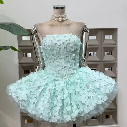 Strapless 3D Flower Mini Party Dress — A-line Tulle Skirt, Birthday & Occasion
