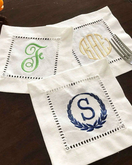 Elegantly Embroidered Camellia Monogrammed Cocktail Napkin Set - A Touch of Victorian Luxury for Your Table