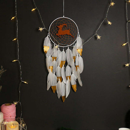 Elegant Elk Feather Wall Hanging Dream Catcher with Double White Feathers - Enchanting Home Decor