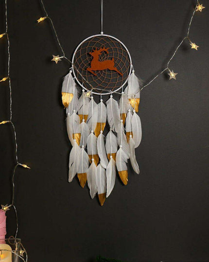 Elegant Elk Feather Wall Hanging Dream Catcher with Double White Feathers - Enchanting Home Decor