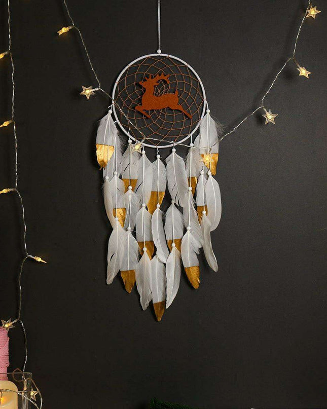 Elegant Elk Feather Wall Hanging Dream Catcher with Double White Feathers - Enchanting Home Decor