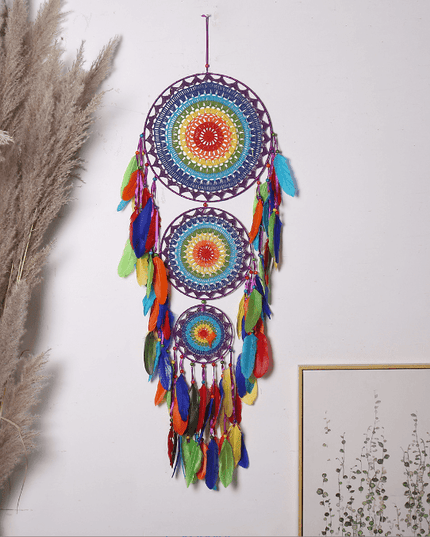 Handcrafted Indian Three-Ring Dream Catcher: Festive Cultural Home Decor Accent