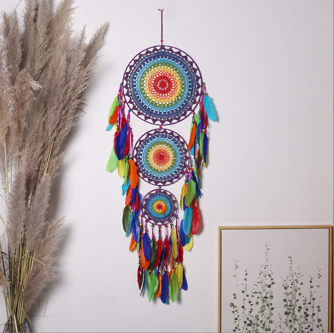 Indian Style Handcrafted Three-Ring Dream Catcher for Festive Home Decor and Cultural Symbolism