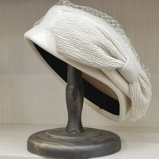 Elegant Women's Black Wool Beret with Veil and Bow – Stylish Fedora Hat for Winter Celebrations
