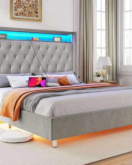 Elegant Dark Gray LED Queen Bed Frame with Charging Headboard & Ambient Nightlight