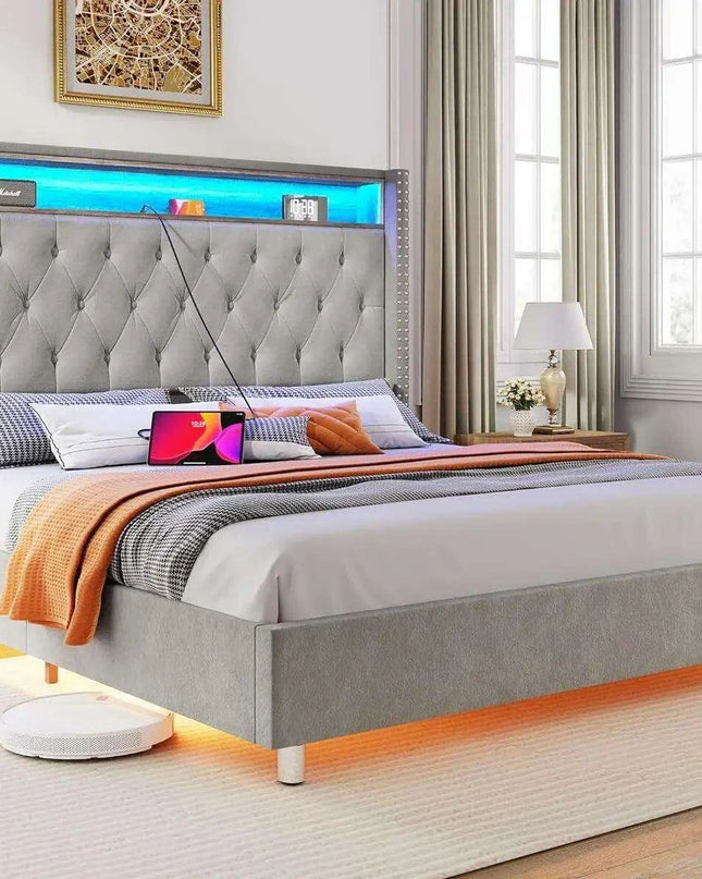 Elegant Dark Gray LED Queen Bed Frame with Charging Headboard & Ambient Nightlight