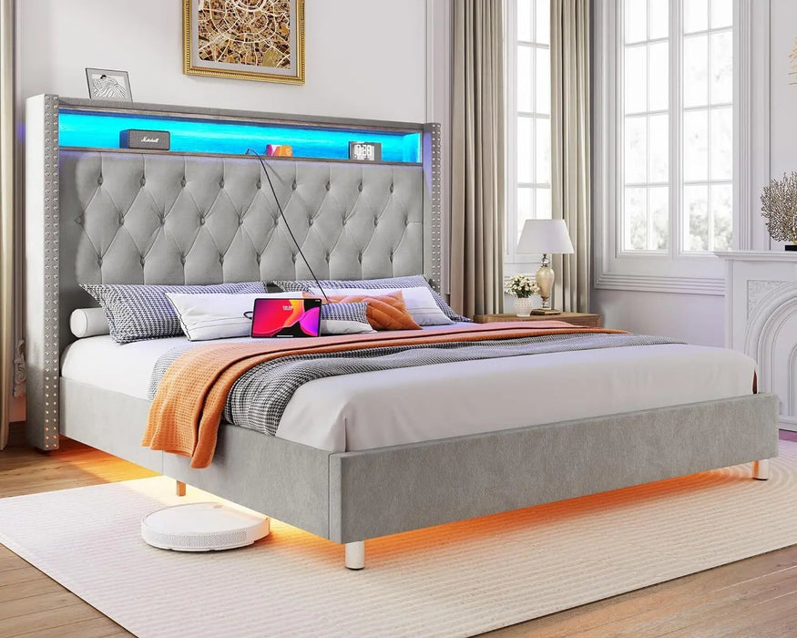 Elegant LED Queen Bed Frame with Charging Headboard & Nightlight - Dark Gray