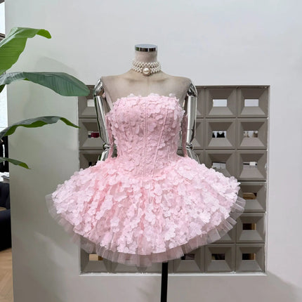 Strapless 3D Flower Mini Party Dress — A-line Tulle Skirt, Birthday & Occasion