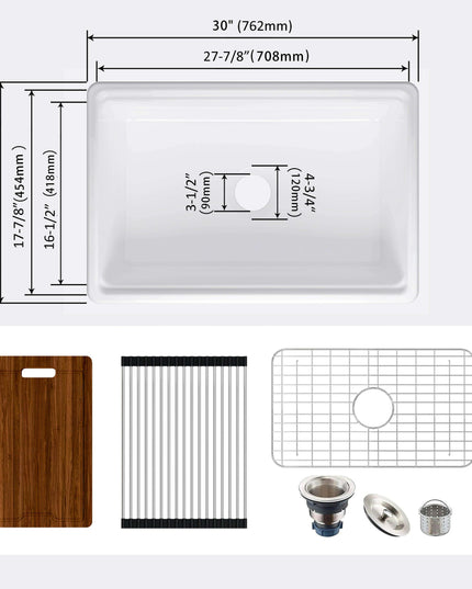 Chic Farmhouse Kitchen Sink Ensemble with Essential Accessories - Includes Cutting Board, Grid & Strainer