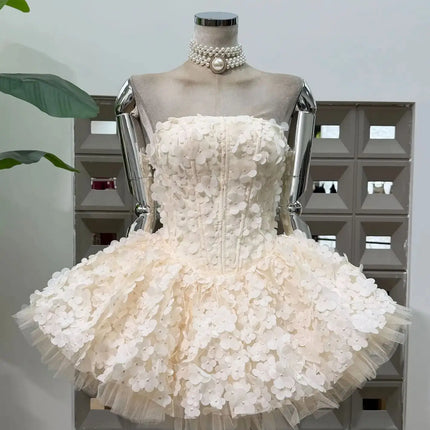 Strapless 3D Flower Mini Party Dress — A-line Tulle Skirt, Birthday & Occasion