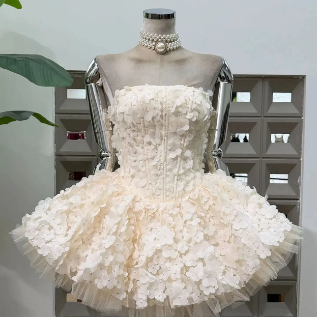 Strapless 3D Flower Mini Party Dress — A-line Tulle Skirt, Birthday & Occasion