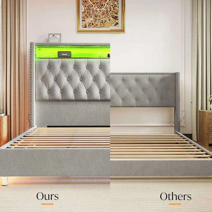 Elegant Dark Gray LED Queen Bed Frame with Charging Headboard & Ambient Nightlight