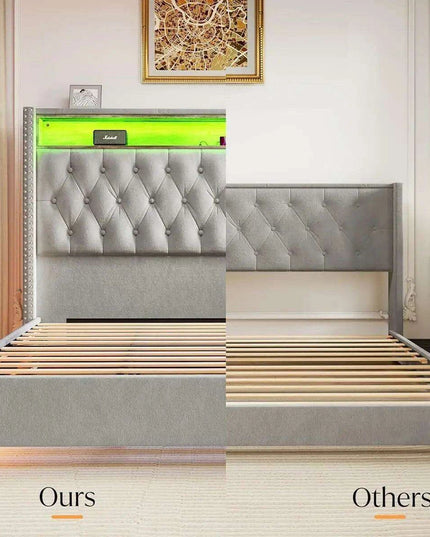 Elegant Dark Gray LED Queen Bed Frame with Charging Headboard & Ambient Nightlight