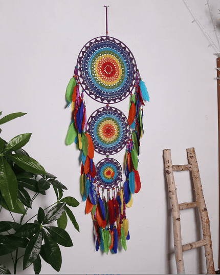 Handcrafted Indian Three-Ring Dream Catcher: Festive Cultural Home Decor Accent