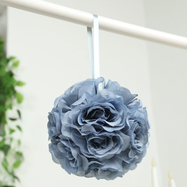 AliKopy 2 Pack 7" Dusty Blue Silk Rose Kissing Ball - Elegant Faux Flo