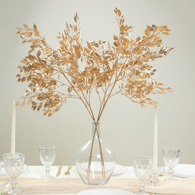 AliKopy 4 Pack Gold Metallic Artificial Leaf Sprays - 33” Ruscus Branc