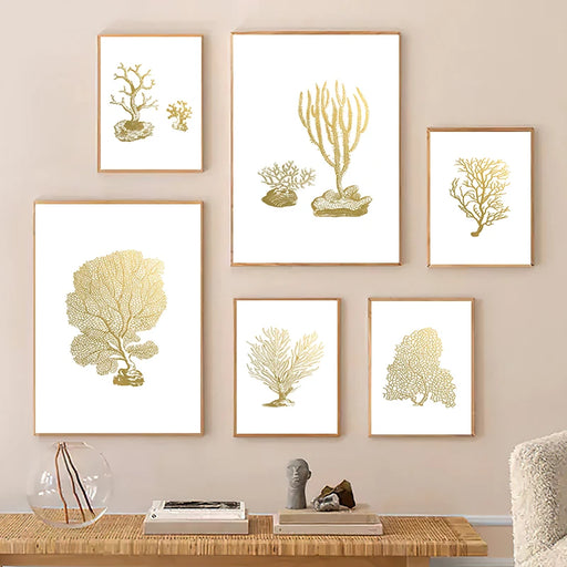 Coastal Elegance: Golden Coral Tree Art Print Canvas for Home Decor