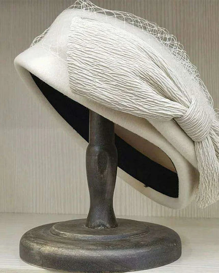 Elegant Women's Black Wool Beret with Veil and Bow – Stylish Fedora Hat for Winter Celebrations
