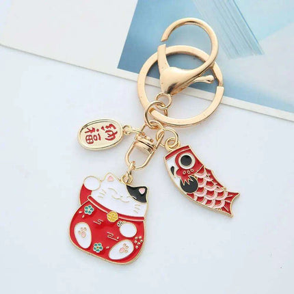 Abundance-Inviting Daruma Bell Lucky Cat Charm Keychain - Très Elite