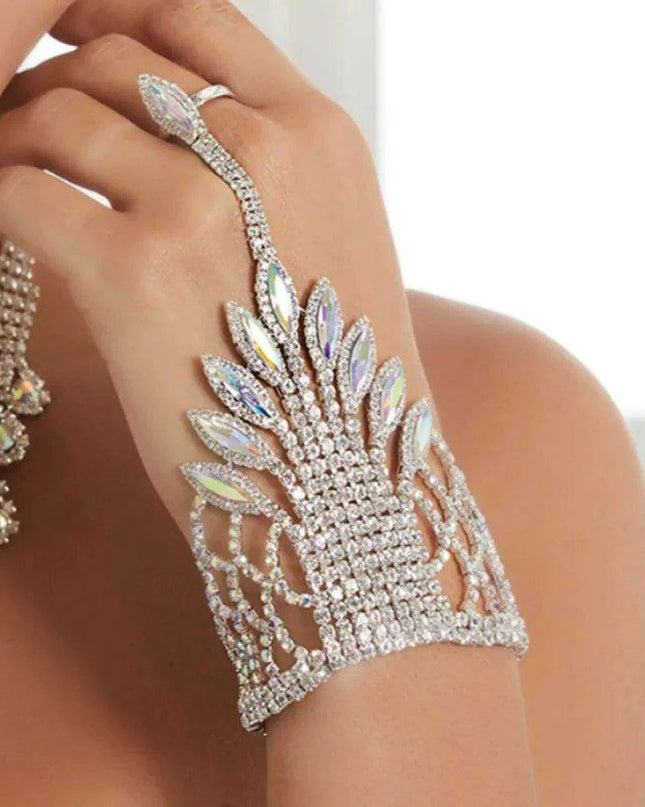 Elegant Crystal Charm Wrap Bracelet and Finger Chain - Bridal Radiance