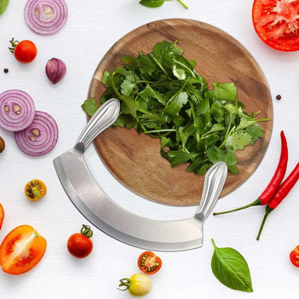 Acacia Wood Culinary Prep Set with Premium Stainless Steel Mezzaluna Chopper..