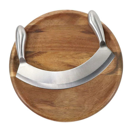 Acacia Wood Culinary Prep Set with Premium Stainless Steel Mezzaluna Chopper..