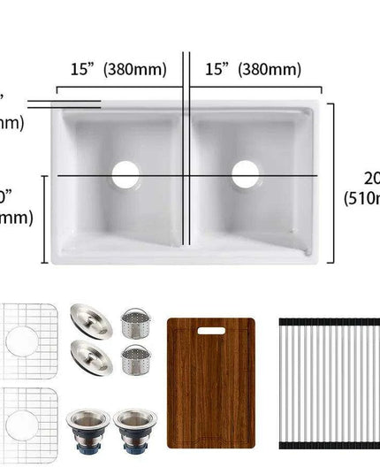Chic Farmhouse Kitchen Sink Ensemble with Essential Accessories - Includes Cutting Board, Grid & Strainer