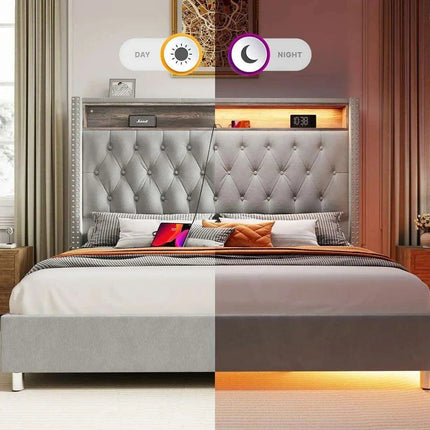 Elegant Dark Gray LED Queen Bed Frame with Charging Headboard & Ambient Nightlight