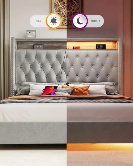 Elegant Dark Gray LED Queen Bed Frame with Charging Headboard & Ambient Nightlight
