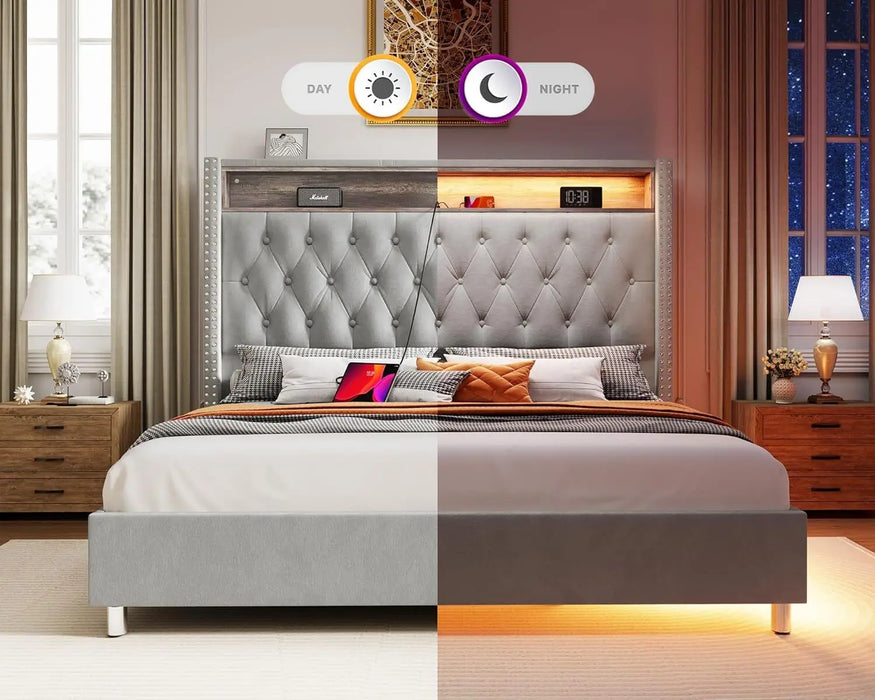 Luxury LED Queen Bed Frame with Charging Storage Headboard & Night Light - Gray