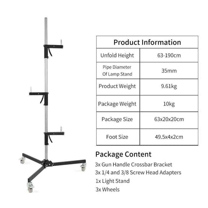 Adjustable Height Gun Grip Light Stand with Wheels and Tripod - LED Softbox Support - Très Elite