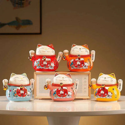 Adorable 4.5 Inch Battery-Operated Ceramic Lucky Cat - A Charming Good Luck Figurine for Home and Gifting - Très Elite