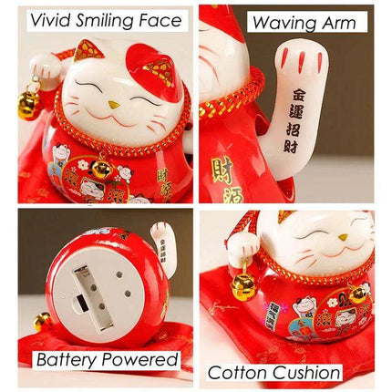Adorable 4.5 Inch Battery-Operated Ceramic Lucky Cat - A Charming Good Luck Figurine for Home and Gifting - Très Elite