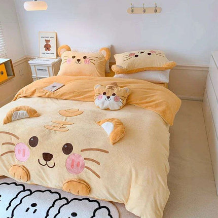 Adorable Cartoon Tiger Plush Kids Bedding Set - Cozy Winter Duvet Cover, Fleece Bed Sheet & Pillowcases- Très Elite- Très Elite