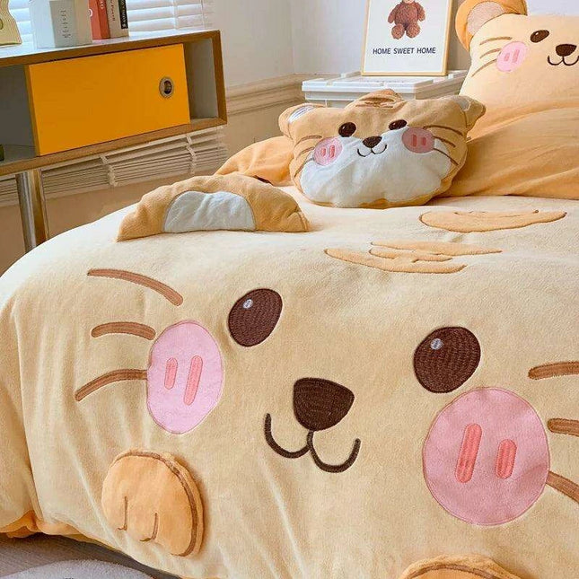 Adorable Cartoon Tiger Plush Kids Bedding Set - Cozy Winter Duvet Cover, Fleece Bed Sheet & Pillowcases