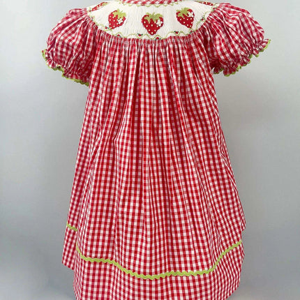 Adorable Handmade Strawberry Embroidered Summer Dress Set for Girls - Trendy Red Plaid Bubble Sleeve Outfit with Chic Split Design - Très Elite