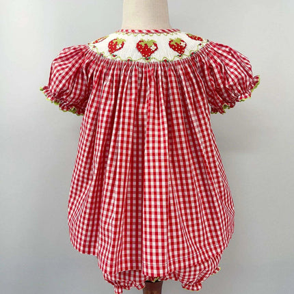 Adorable Handmade Strawberry Embroidered Summer Dress Set for Girls - Trendy Red Plaid Bubble Sleeve Outfit with Chic Split Design - Très Elite
