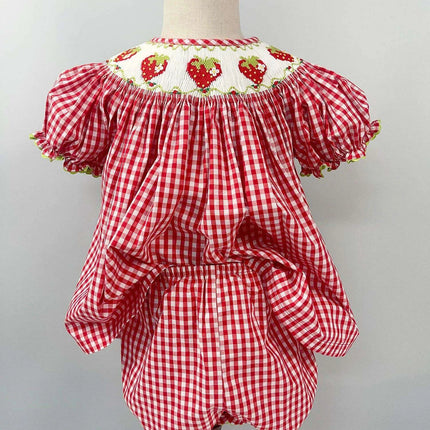 Adorable Handmade Strawberry Embroidered Summer Dress Set for Girls - Trendy Red Plaid Bubble Sleeve Outfit with Chic Split Design - Très Elite