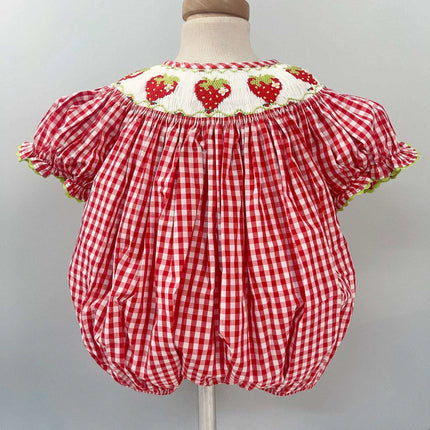 Adorable Handmade Strawberry Embroidered Summer Dress Set for Girls - Trendy Red Plaid Bubble Sleeve Outfit with Chic Split Design - Très Elite