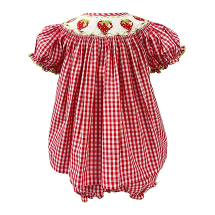 Adorable Handmade Strawberry Embroidered Summer Dress Set for Girls - Trendy Red Plaid Bubble Sleeve Outfit with Chic Split Design - Très Elite