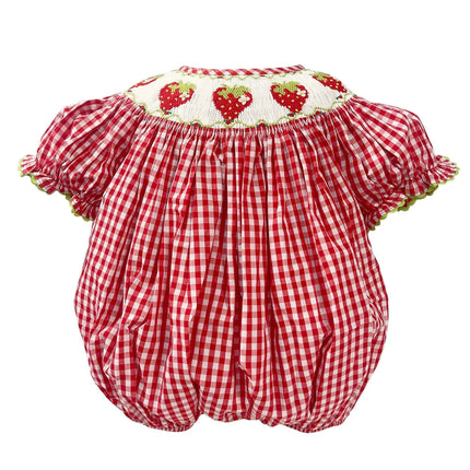 Adorable Handmade Strawberry Embroidered Summer Dress Set for Girls - Trendy Red Plaid Bubble Sleeve Outfit with Chic Split Design - Très Elite