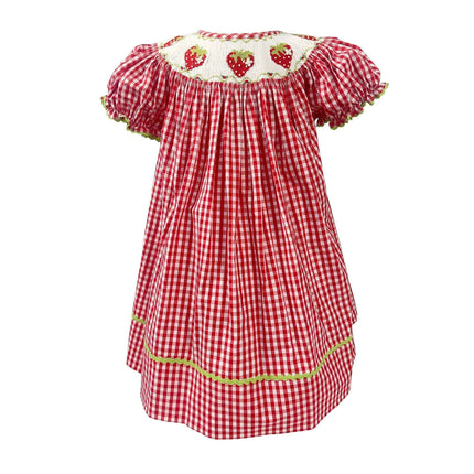 Adorable Handmade Strawberry Embroidered Summer Dress Set for Girls - Trendy Red Plaid Bubble Sleeve Outfit with Chic Split Design - Très Elite