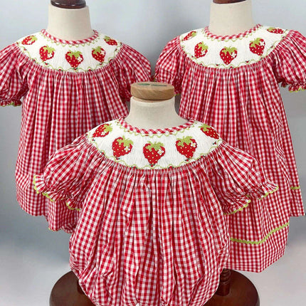 Adorable Handmade Strawberry Embroidered Summer Dress Set for Girls - Trendy Red Plaid Bubble Sleeve Outfit with Chic Split Design - Très Elite
